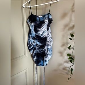 Blue tie dyed ruched dress